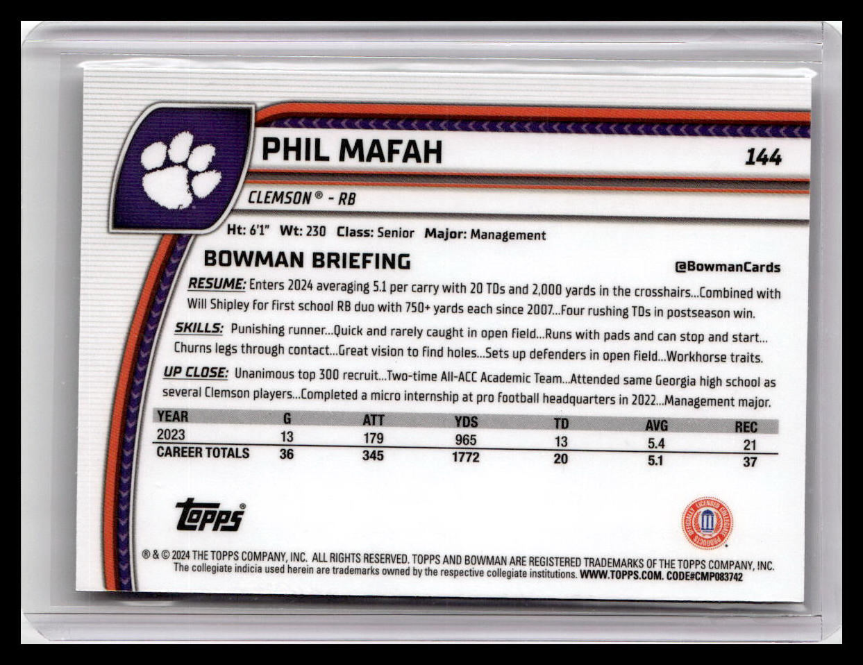 2024 Bowman University Chrome #144 Phil Mafah