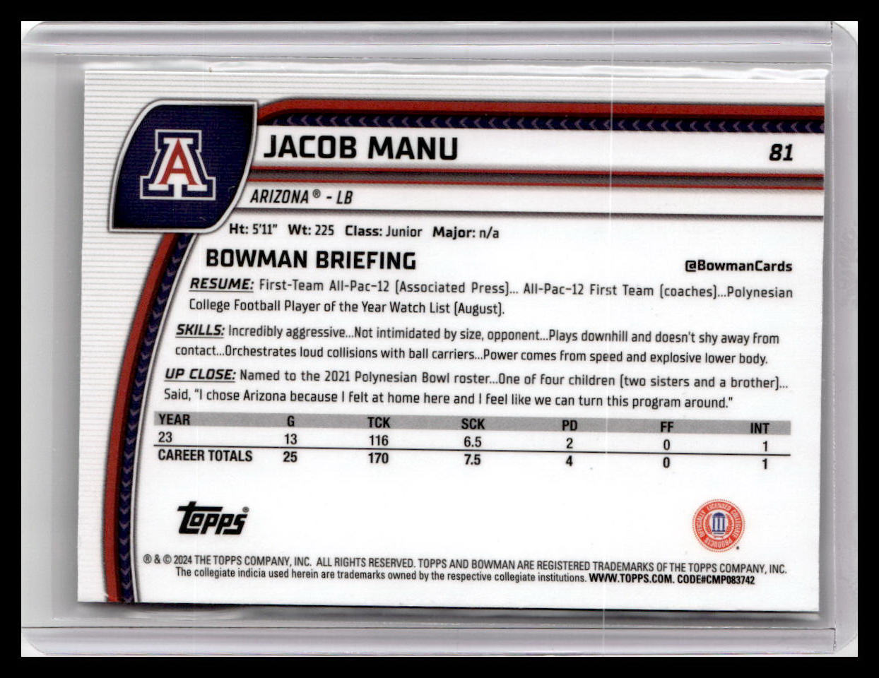 2024 Bowman University Chrome #81 Jacob Manu
