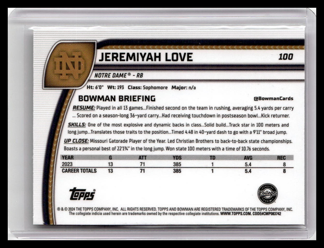2024 Bowman University Chrome #100 Jeremiyah Love