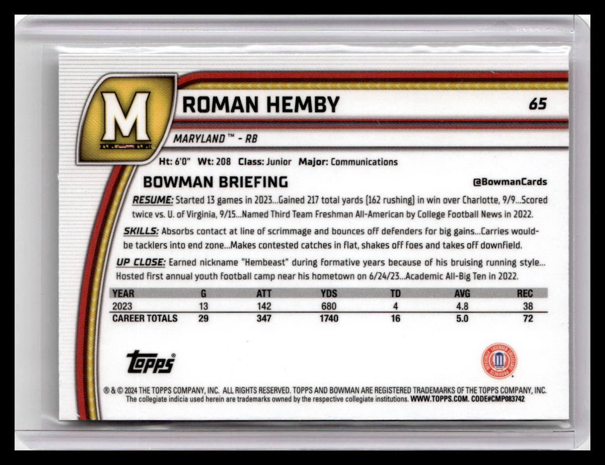 2024 Bowman University Chrome #65 Roman Hemby
