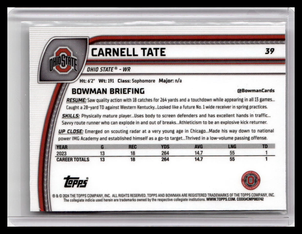 2024 Bowman University Chrome #39 Carnell Tate
