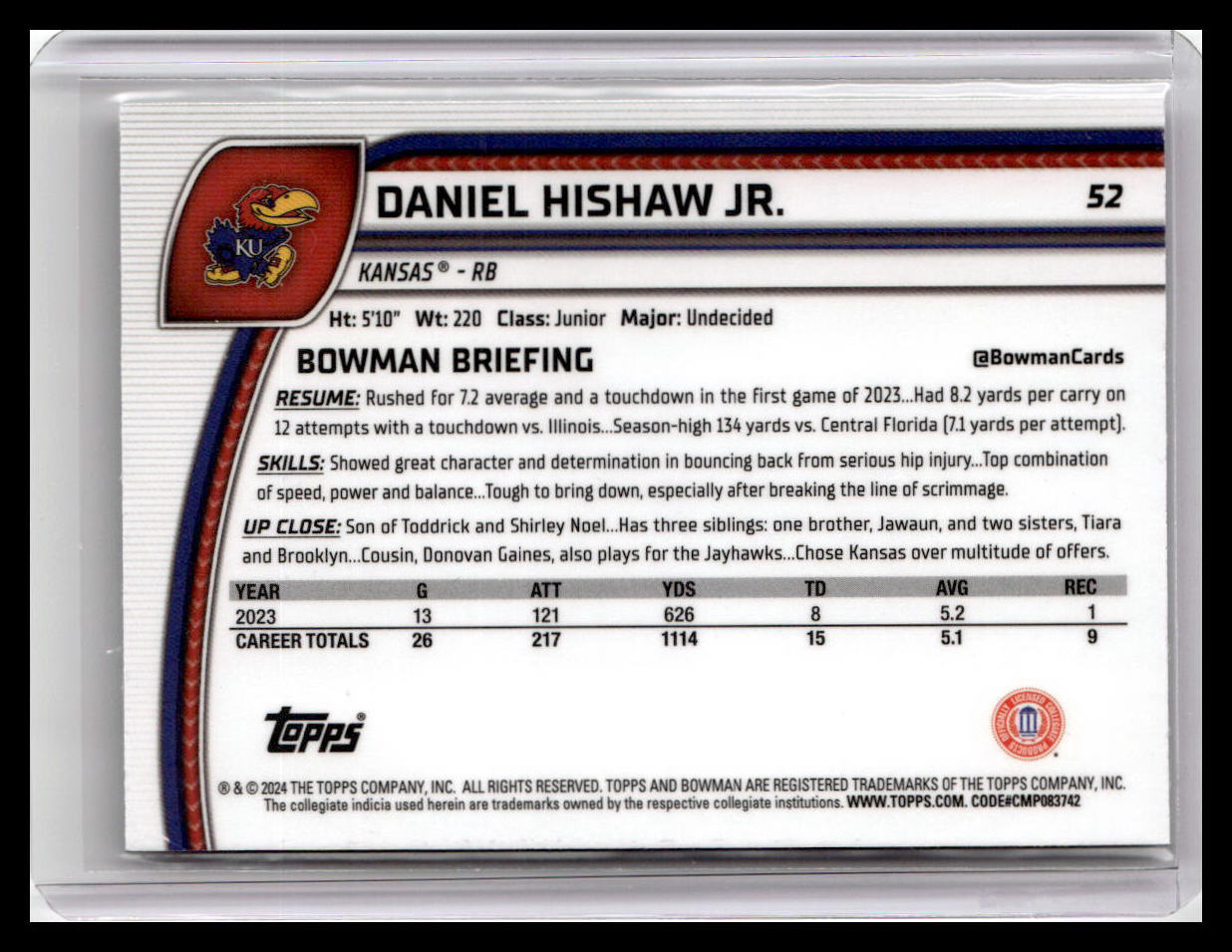 2024 Bowman University Chrome #52 Daniel Hishaw Jr.