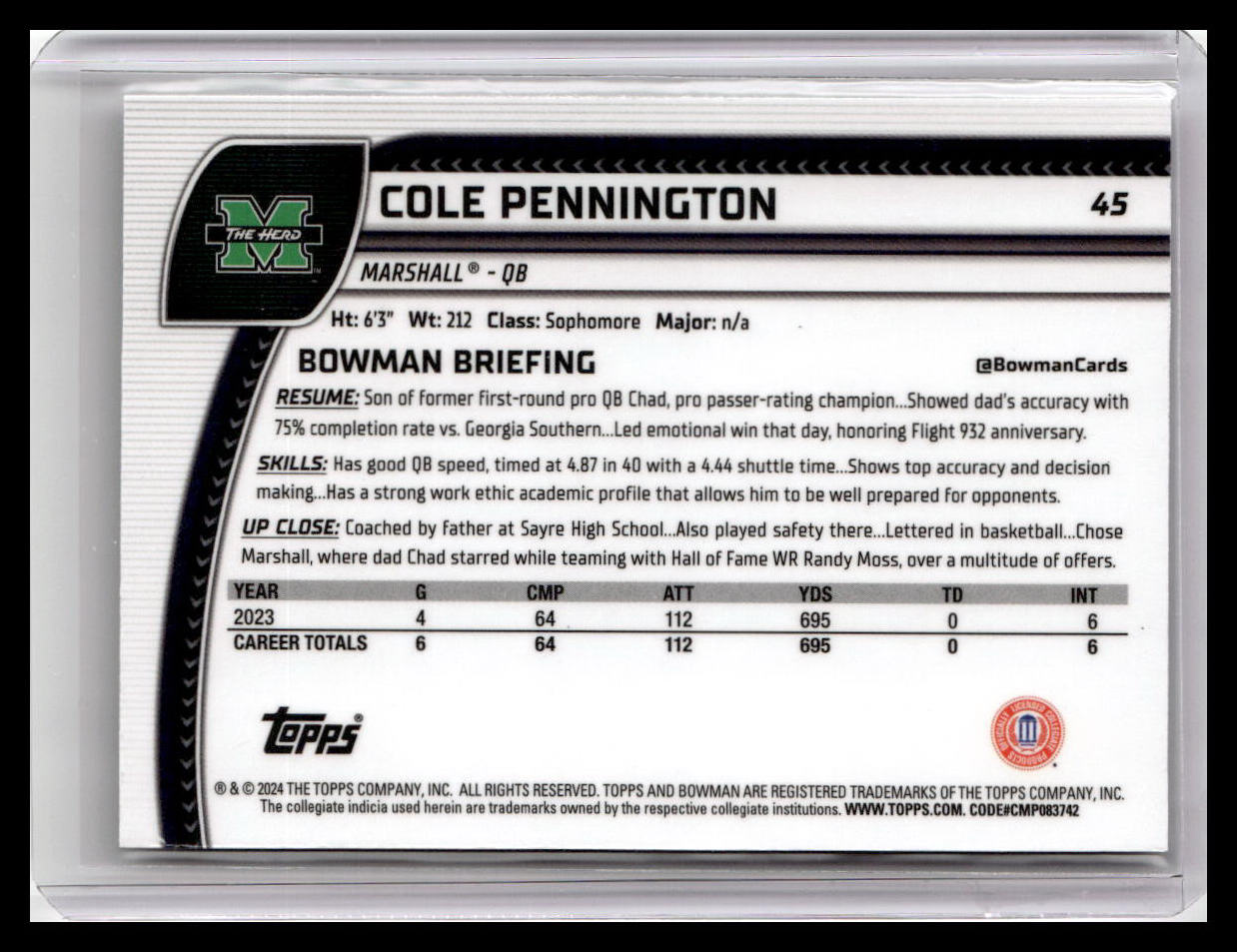 2024 Bowman University Chrome #45 Cole Pennington
