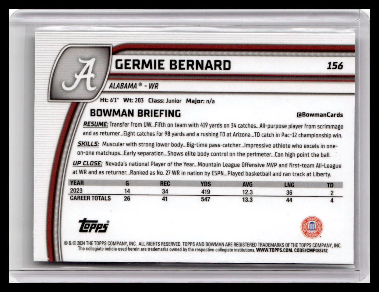 2024 Bowman University Chrome #156 Germie Bernard Teal Lava Refractor