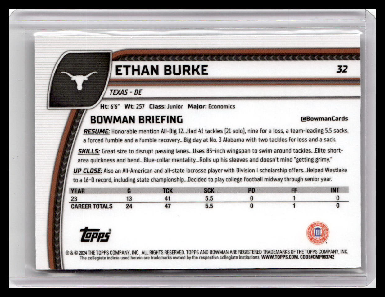 2024 Bowman University Chrome #32 Ethan Burke X-Fractor