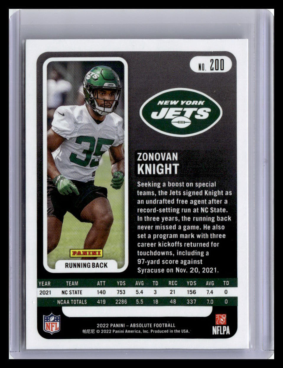 2022 Panini Absolute #200 Zonovan Knight Green