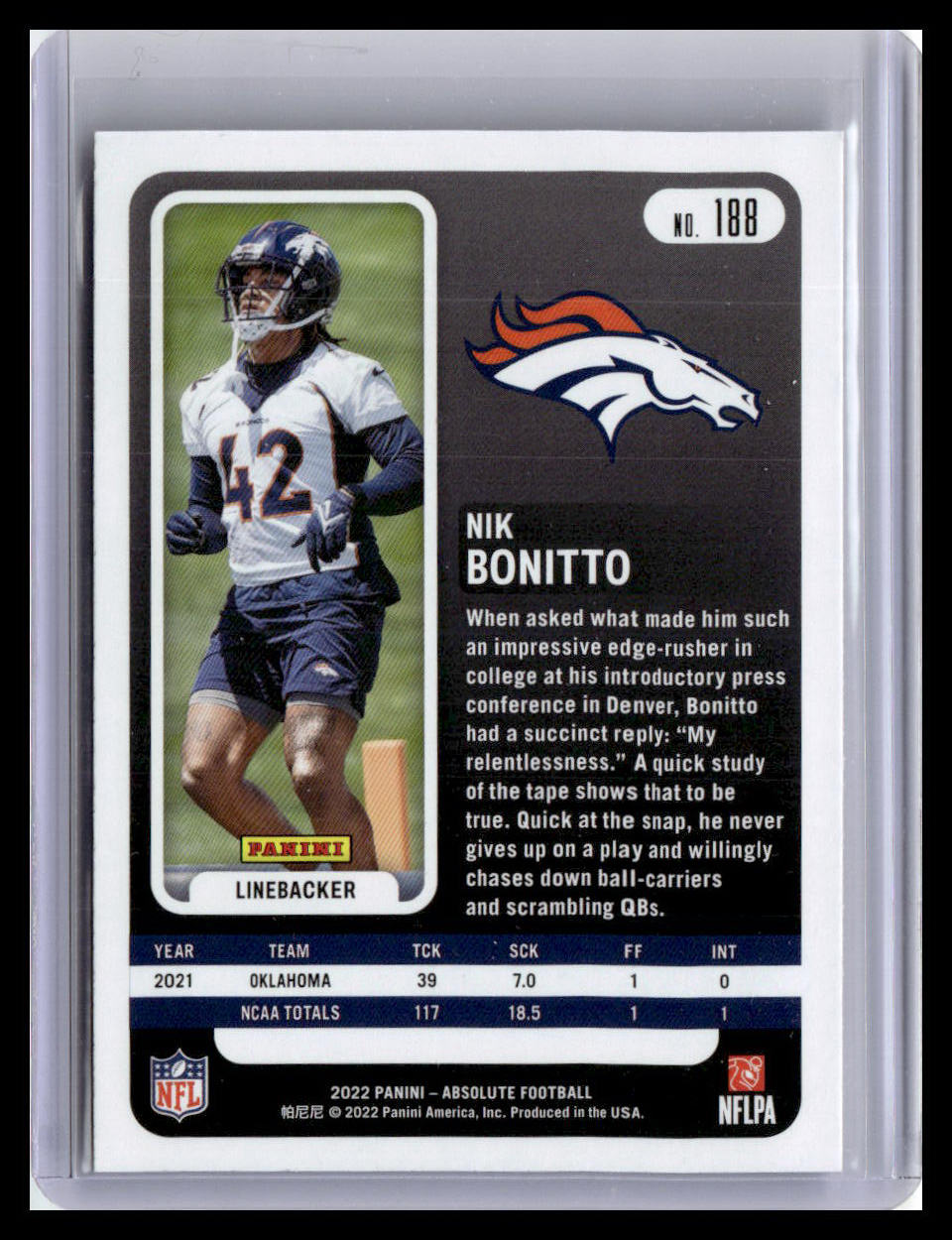 2022 Panini Absolute #188 Nik Bonitto