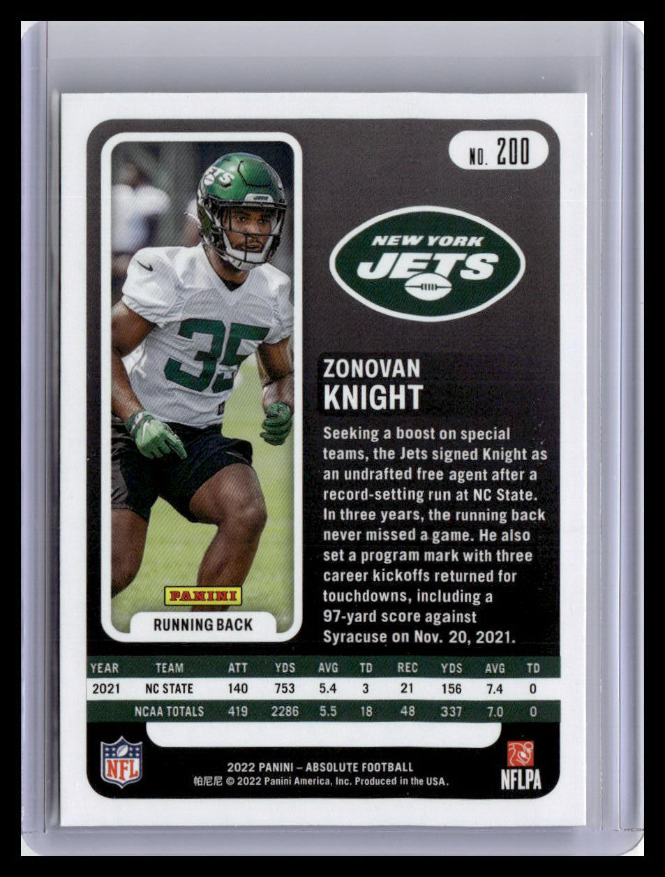 2022 Panini Absolute #200 Zonovan Knight