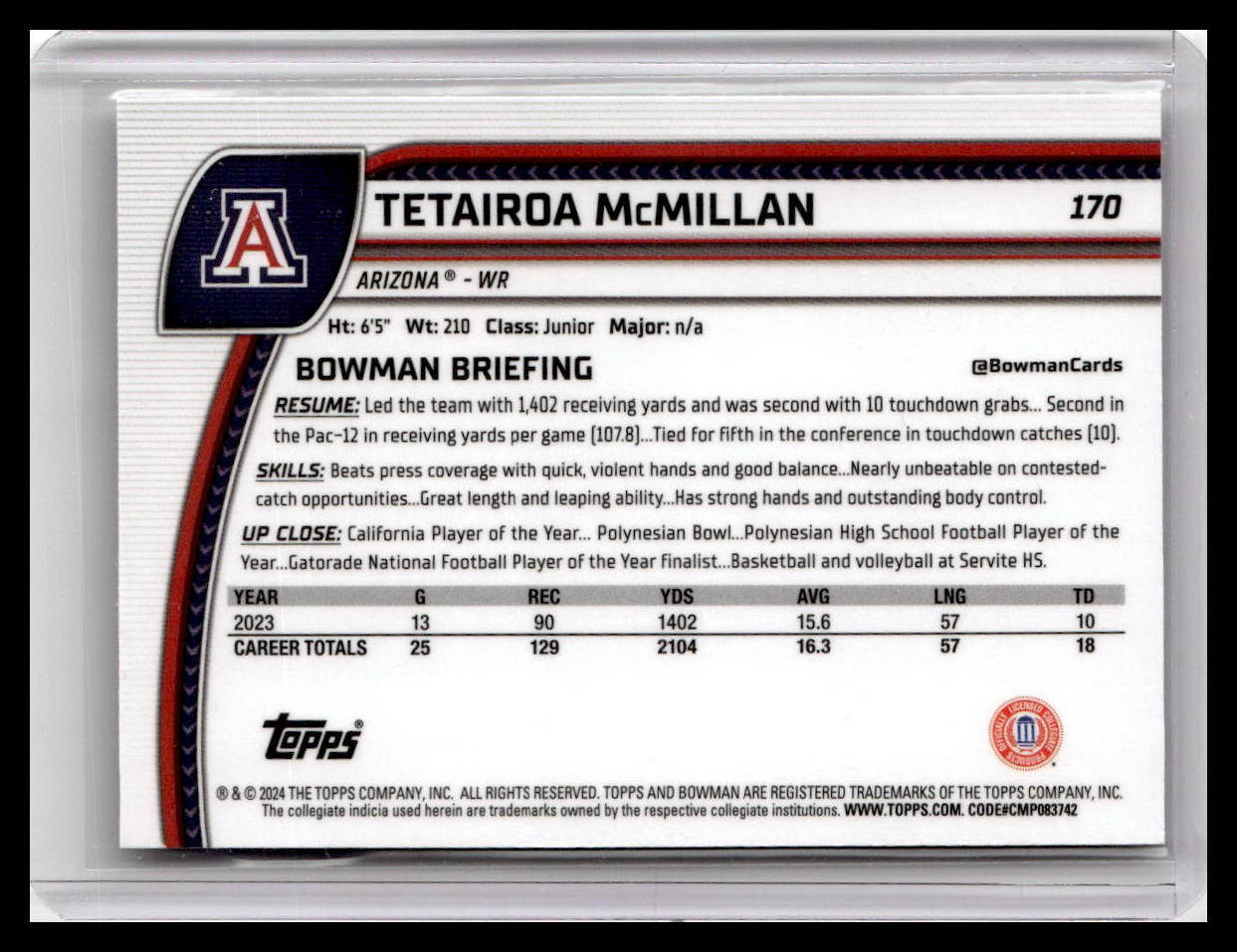 2024 Bowman University Chrome #170 Tetairoa McMillan