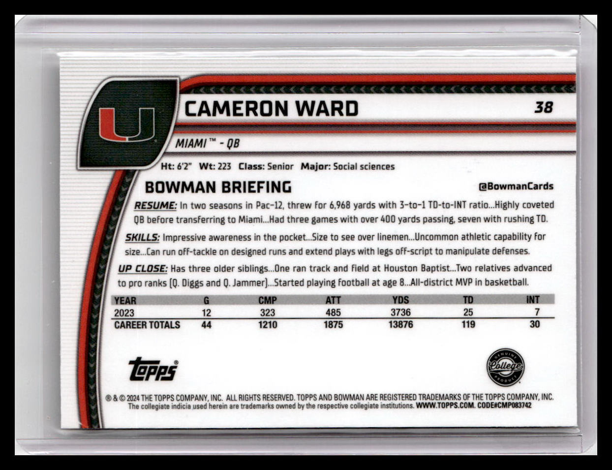 2024 Bowman University Chrome #38 Cameron Ward