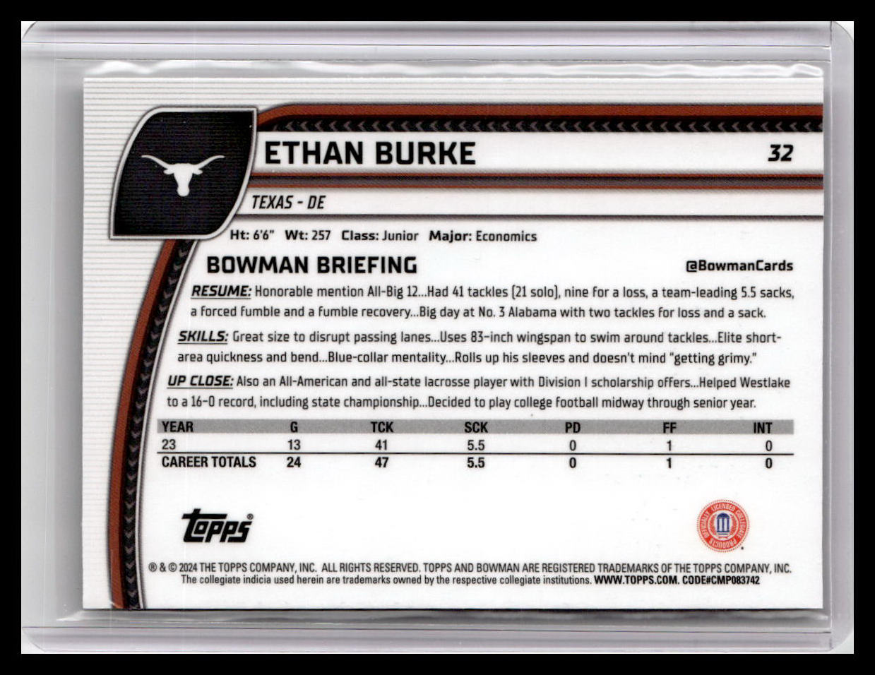 2024 Bowman University Chrome #32 Ethan Burke