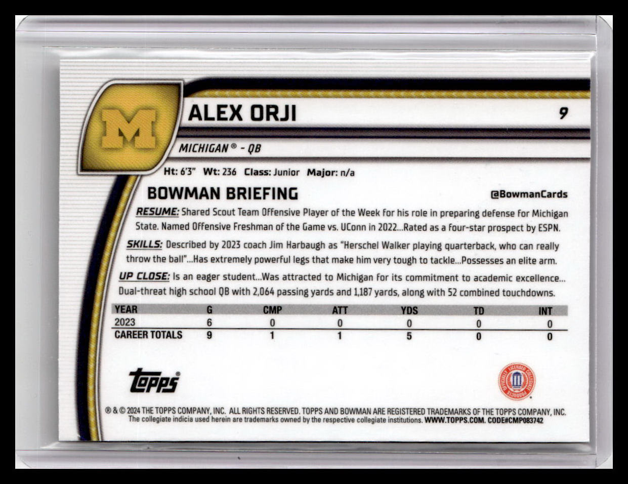 2024 Bowman University Chrome #9 Alex Orji