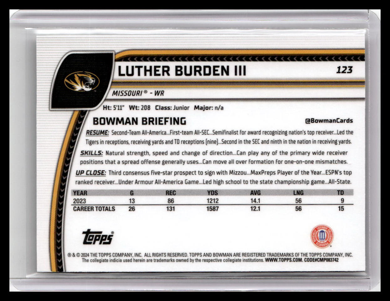 2024 Bowman University Chrome #123 Luther Burden III