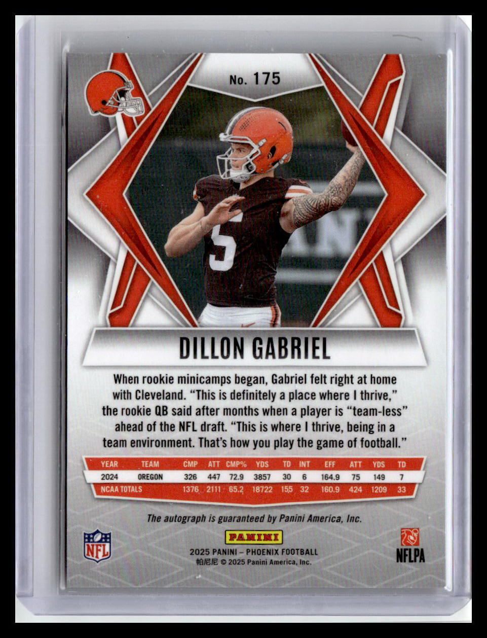 2025 Panini Phoenix #175 Dillon Gabriel Base Rookie Autographs Lazer Prizm
