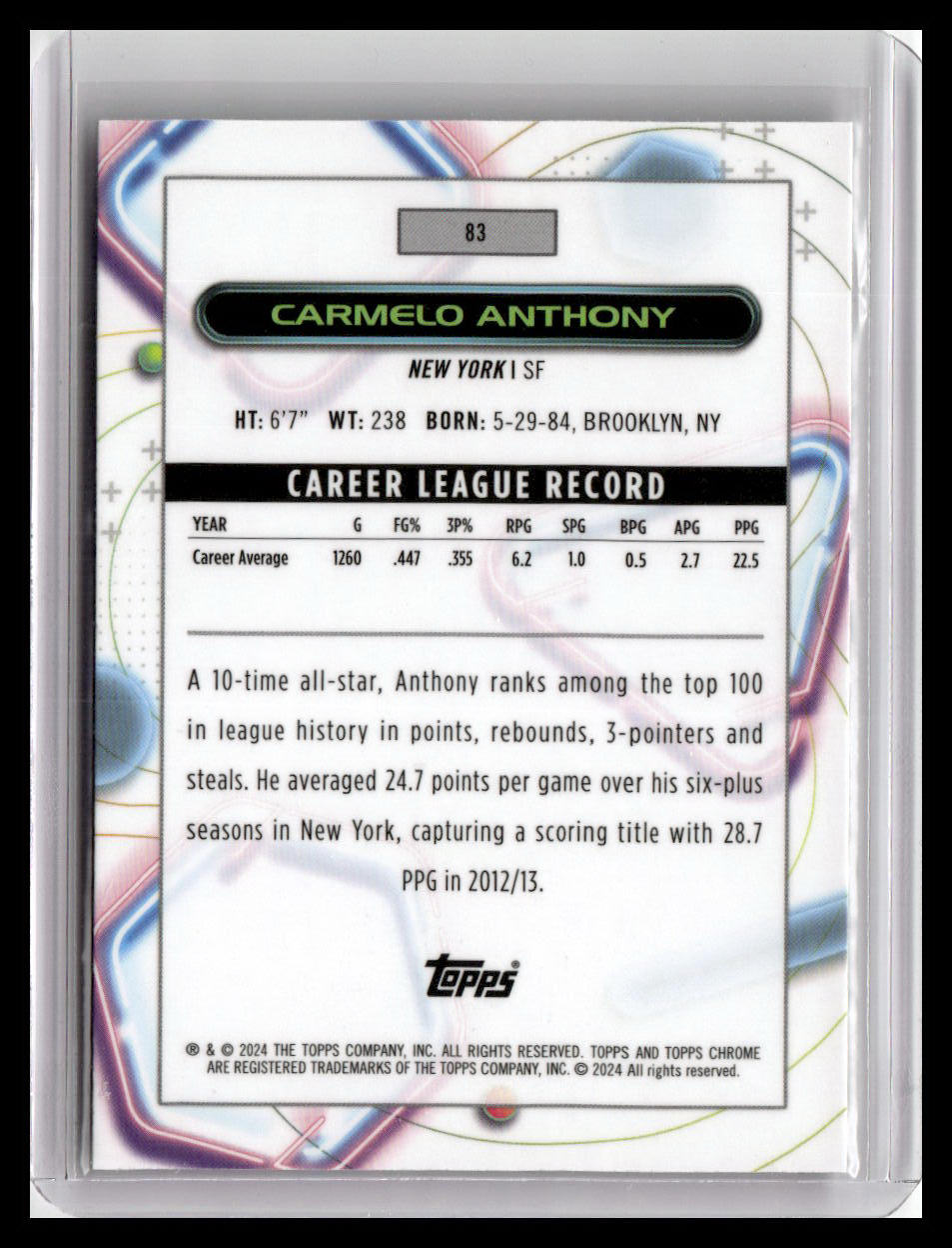 2023-24 Topps Chrome Cosmic #83 Carmelo Anthony
