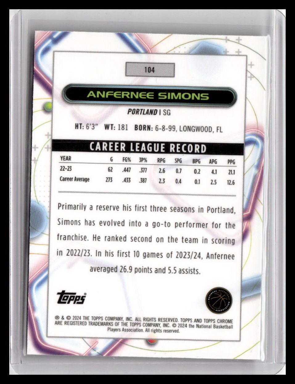 2023-24 Topps Chrome Cosmic #104 Anfernee Simons