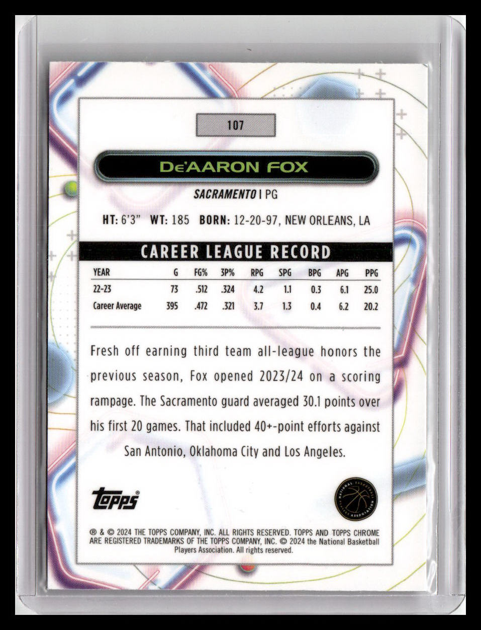 2023-24 Topps Chrome Cosmic #107 De'Aaron Fox