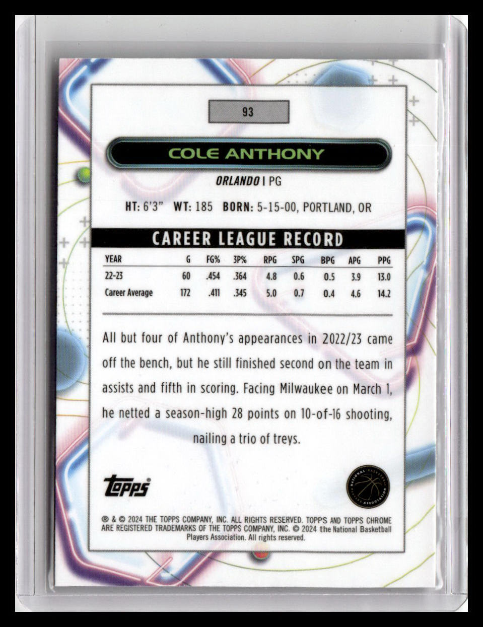 2023-24 Topps Chrome Cosmic #93 Cole Anthony
