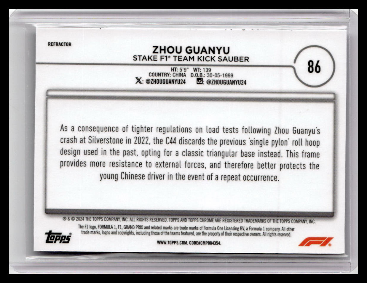 2024 Topps Chrome Formula 1 #86 Zhou Guanyu Refractors