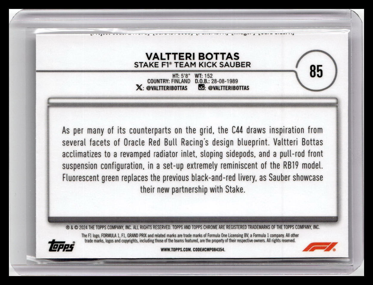 2024 Topps Chrome Formula 1 #85 Valtteri Bottas