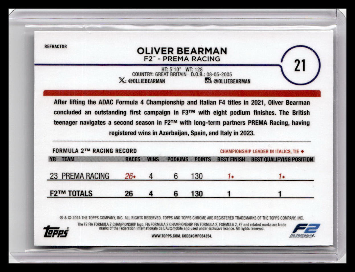 2024 Topps Chrome Formula 1 #21 Oliver Bearman Refractors