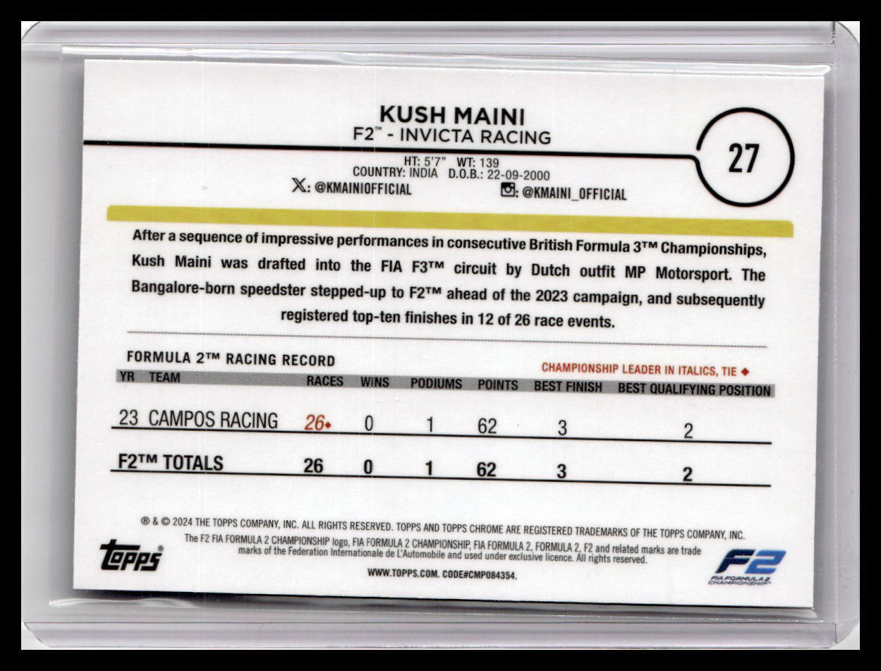 2024 Topps Chrome Formula 1 #27 Kush Maini