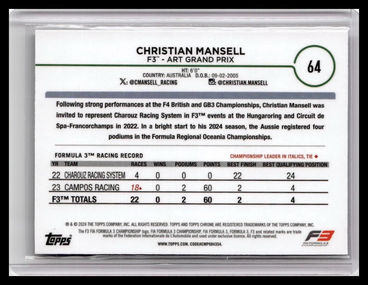 2024 Topps Chrome Formula 1 #64 Christian Mansell