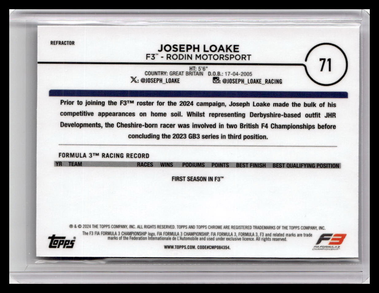 2024 Topps Chrome Formula 1 #71 Joseph Loake Refractors