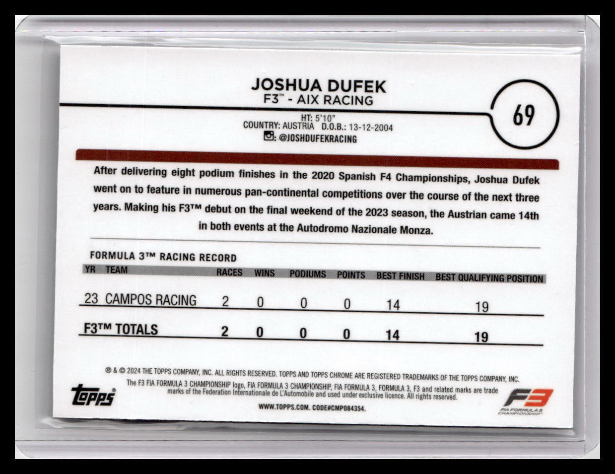 2024 Topps Chrome Formula 1 #69 Joshua Dufek