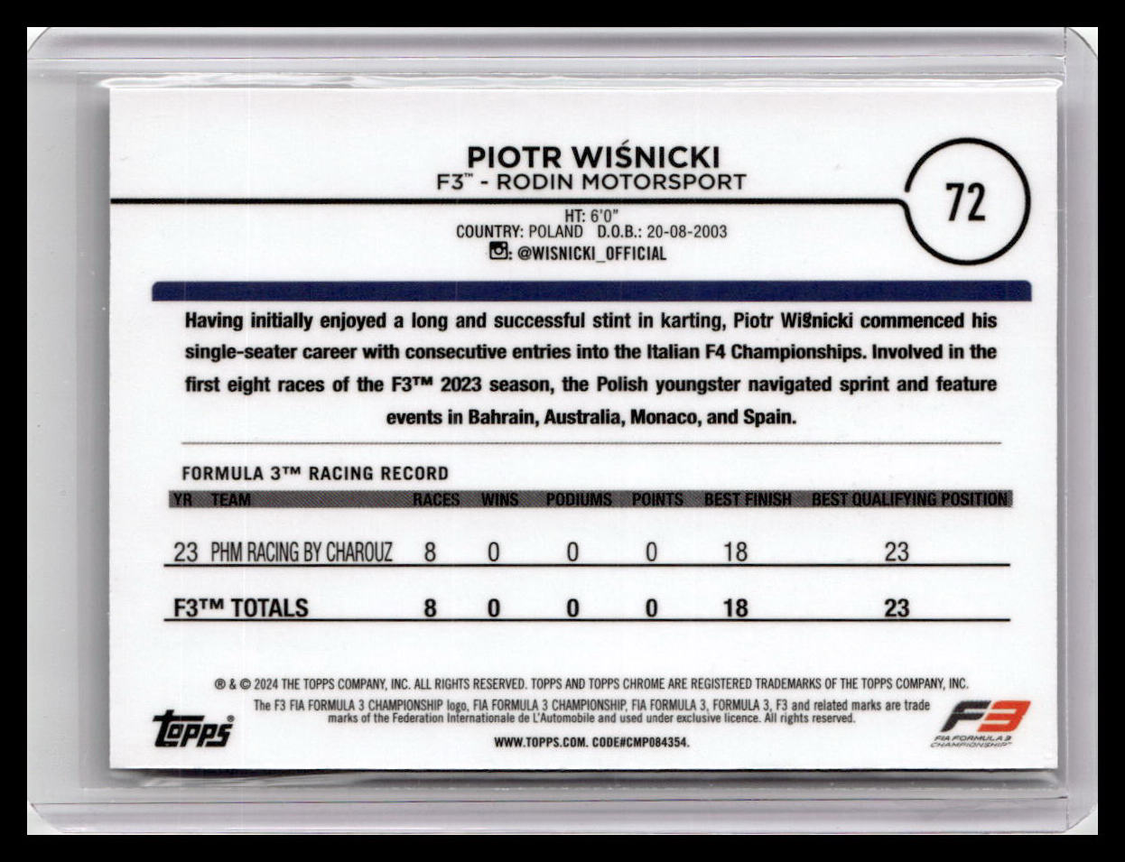 2024 Topps Chrome Formula 1 #72 Piotr Wisnicki