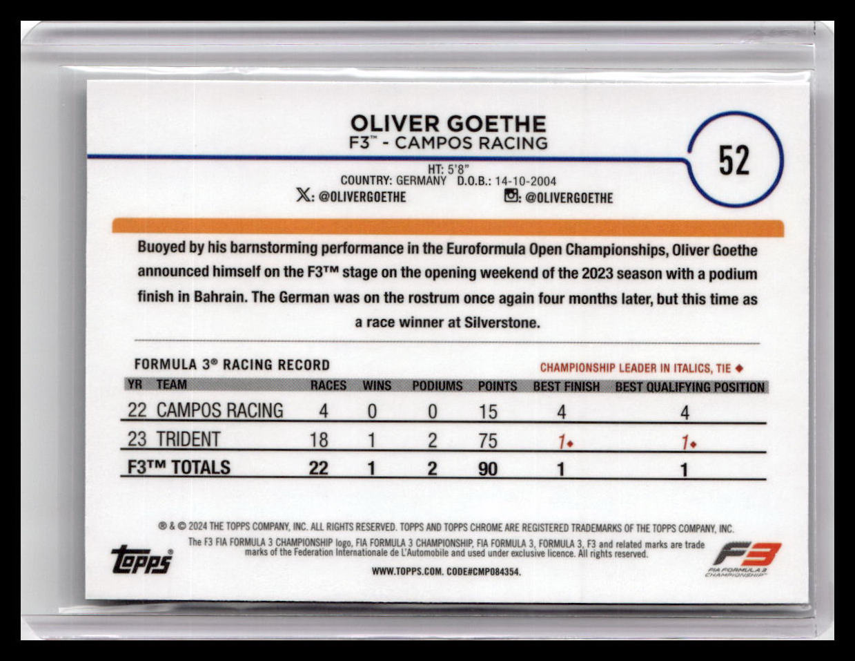 2024 Topps Chrome Formula 1 #52 Oliver Goethe