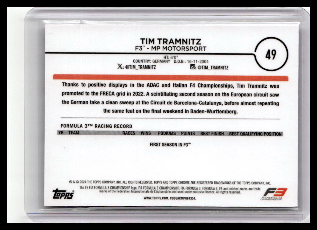 2024 Topps Chrome Formula 1 #49 Tim Tramnitz Black And White RayWave Refractors