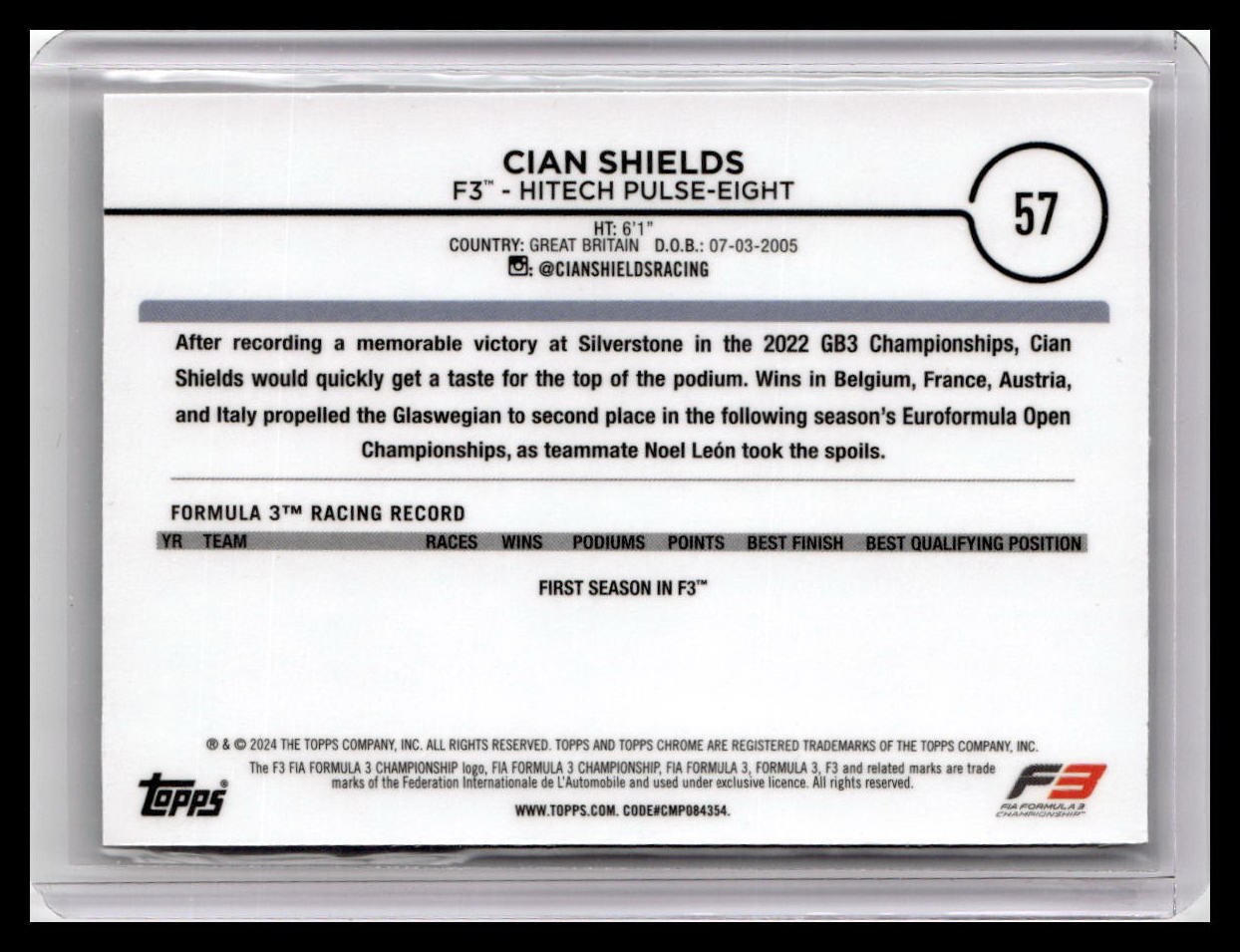 2024 Topps Chrome Formula 1 #57 Cian Shields Black And White RayWave Refractors