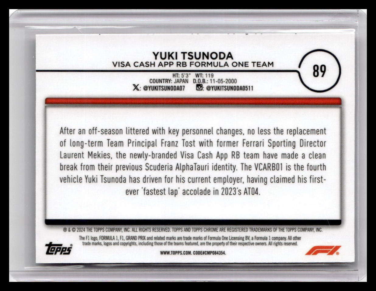 2024 Topps Chrome Formula 1 #89 Yuki Tsunoda Black And White RayWave Refractors