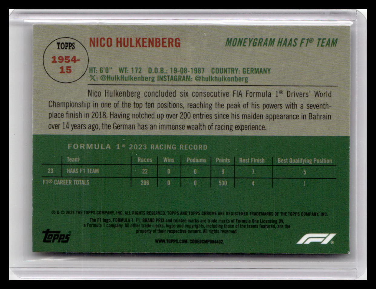 2024 Topps Chrome Formula 1 #1954-15 Nico Hulkenberg 1954 Topps