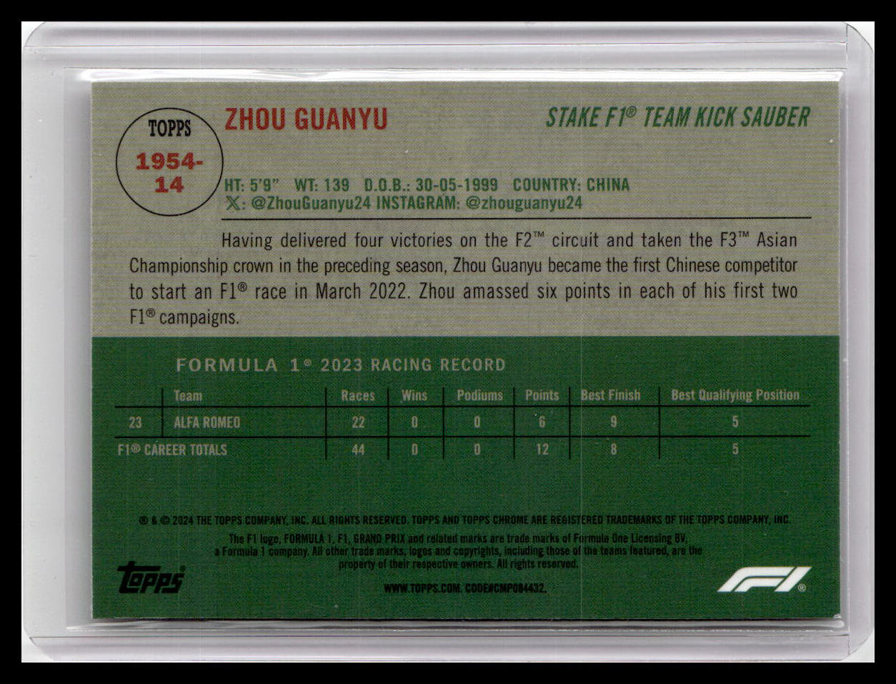 2024 Topps Chrome Formula 1 #1954-14 Zhou Guanyu 1954 Topps