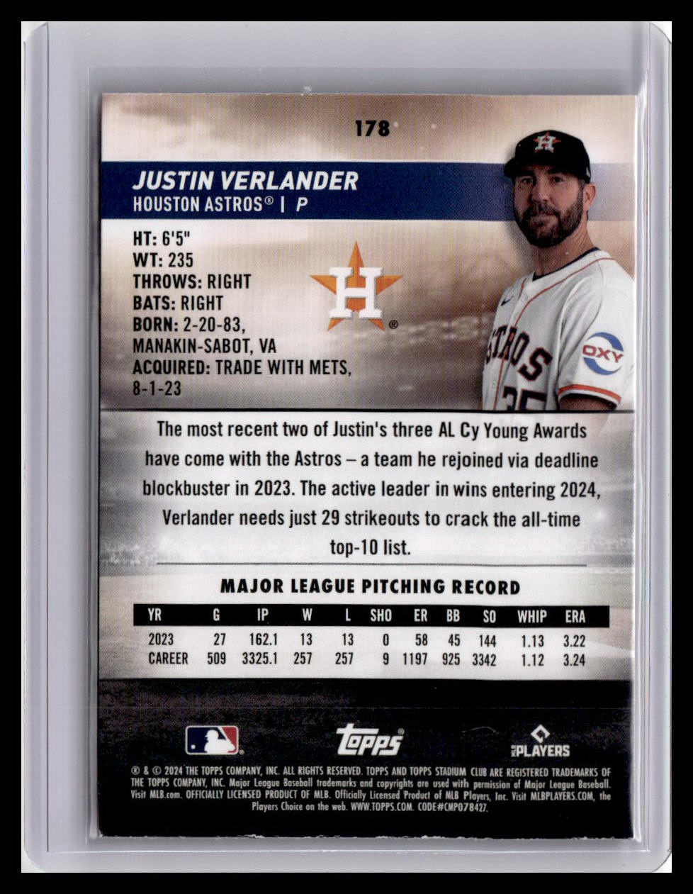 2024 Stadium Club #178 Justin Verlander Red Foil