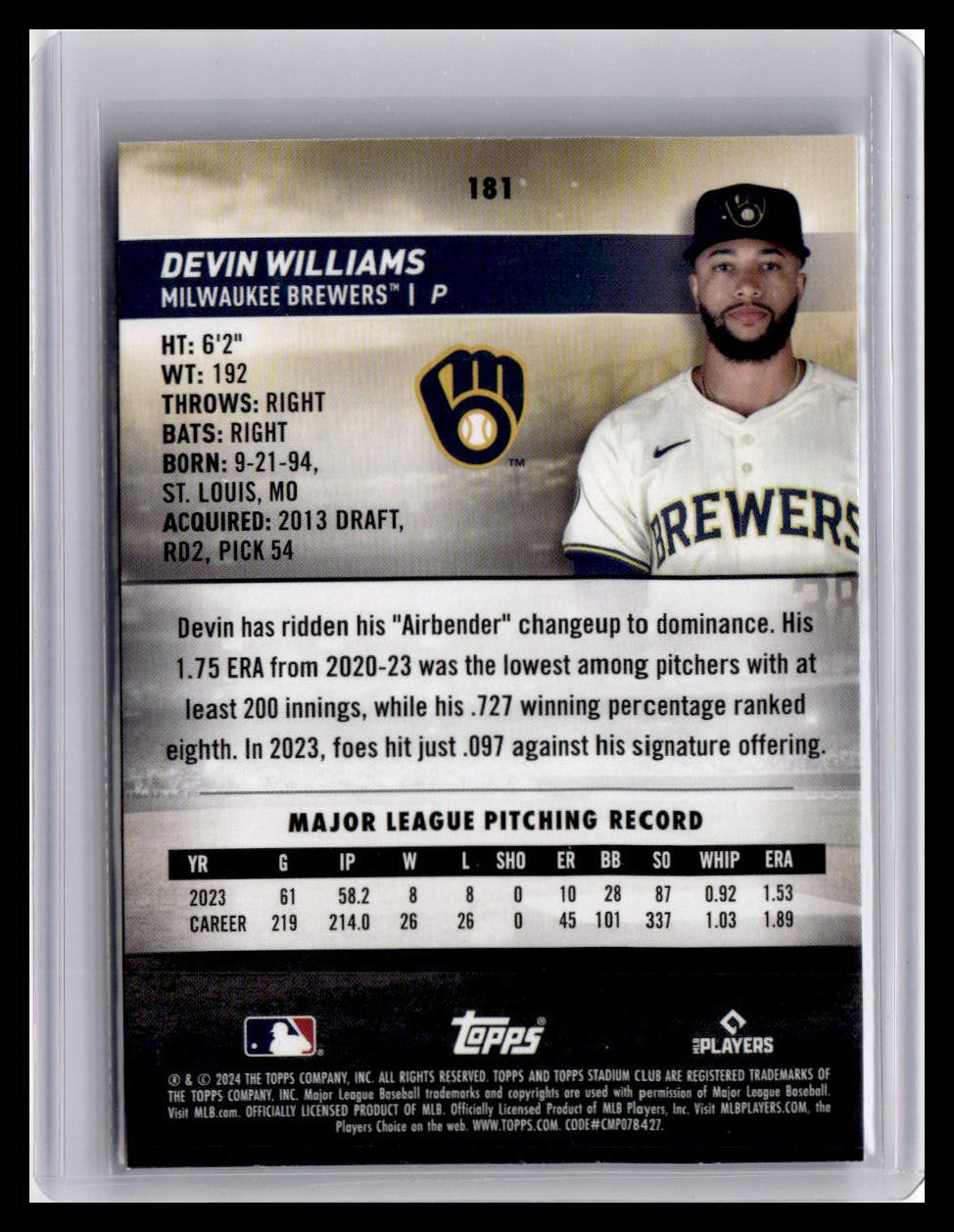 2024 Stadium Club #181 Devin Williams