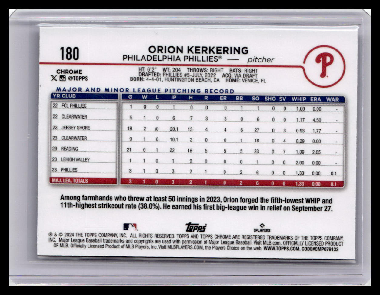 2024 Topps Chrome Logofractor Edition #180 Orion Kerkering