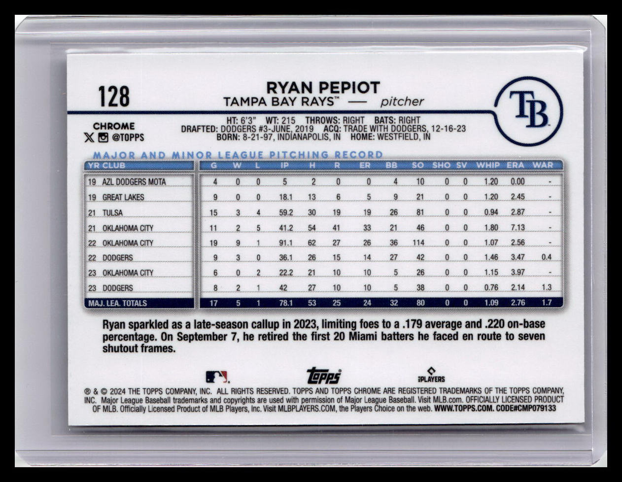 2024 Topps Chrome #128 Ryan Pepiot Lightboard Logo Refractors