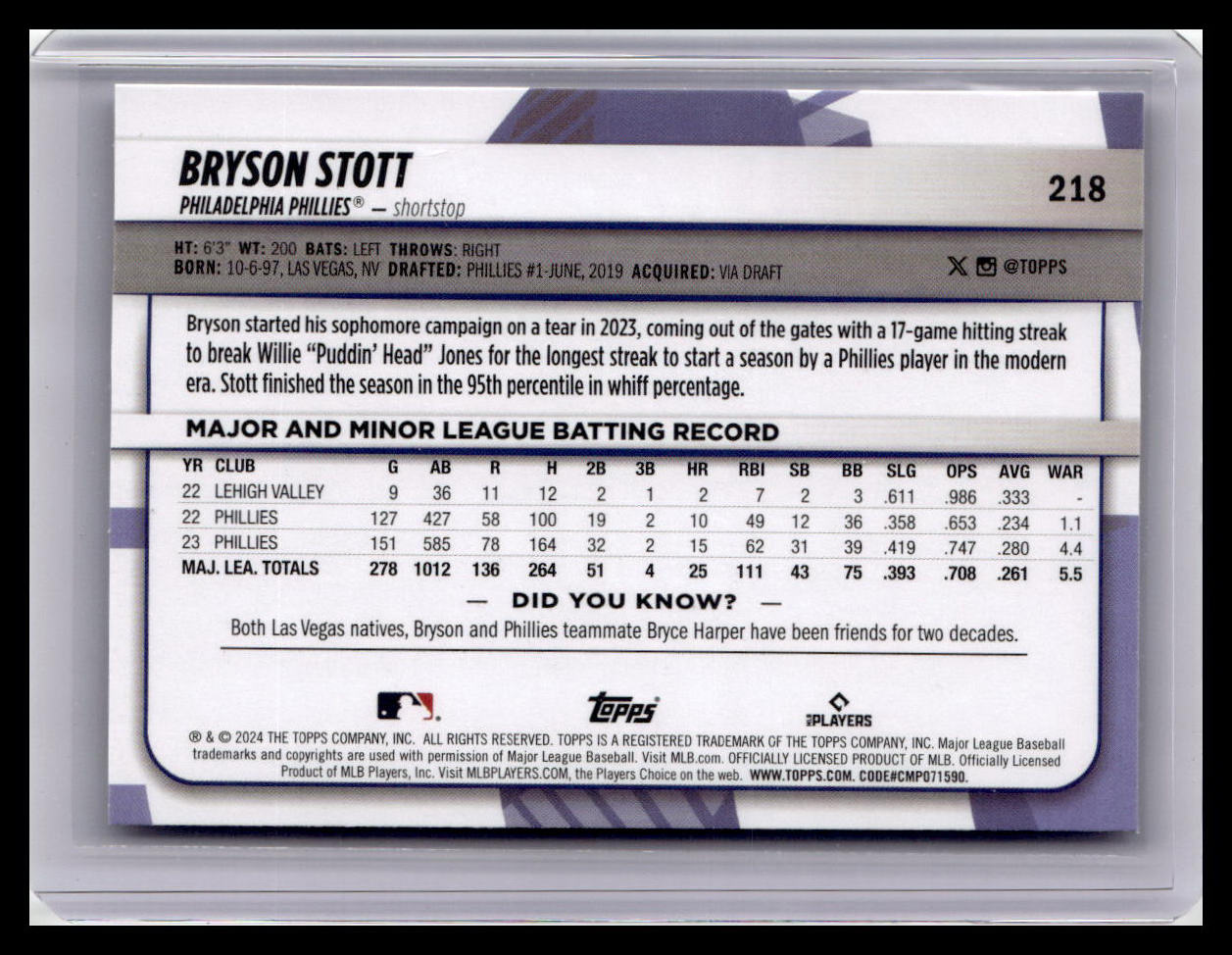 2024 Topps Big League #218 Bryson Stott Uncommon Rainbow Foil