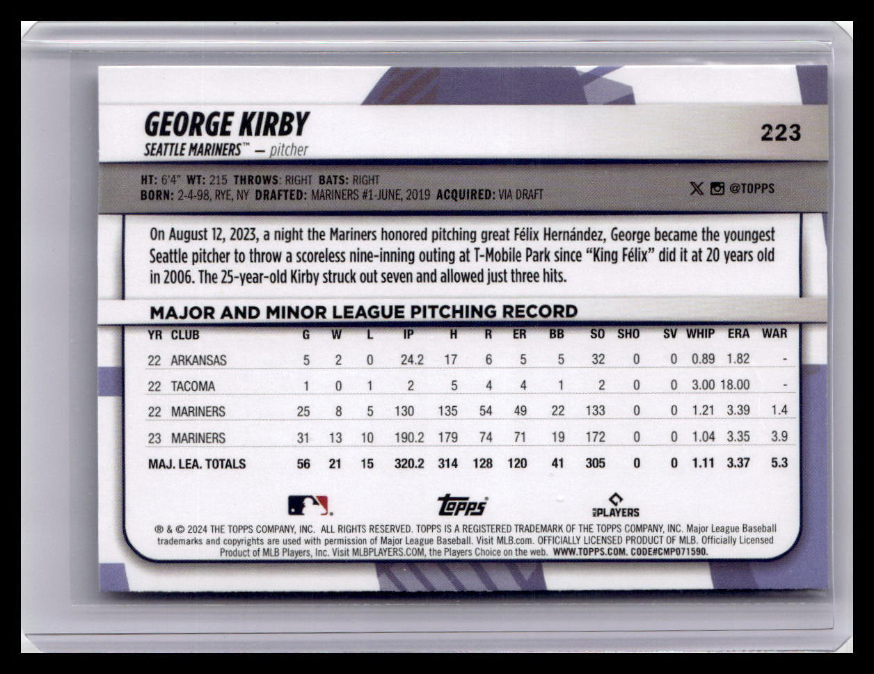 2024 Topps Big League #223 George Kirby Uncommon Rainbow Foil