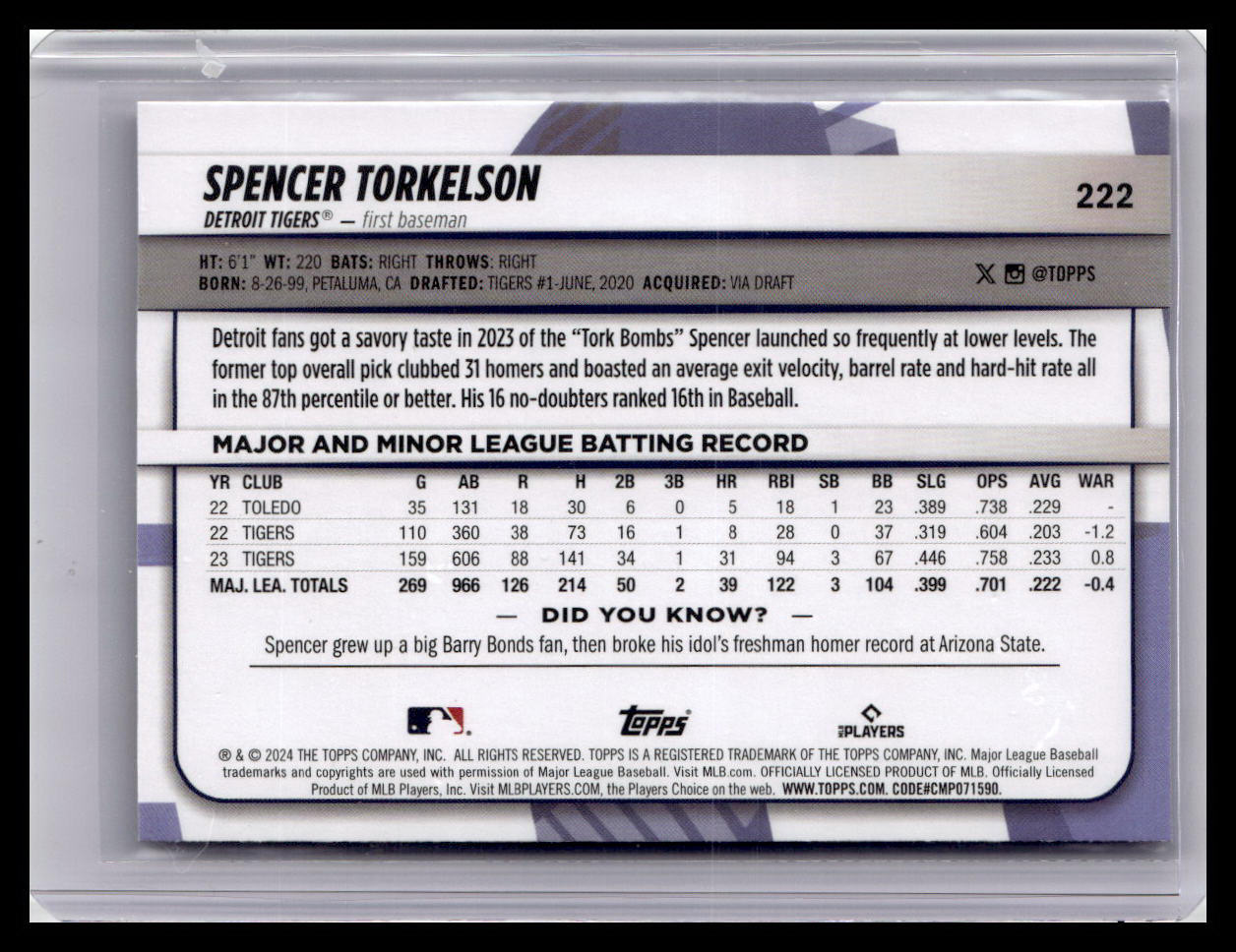 2024 Topps Big League #222 Spencer Torkelson Uncommon Rainbow Foil