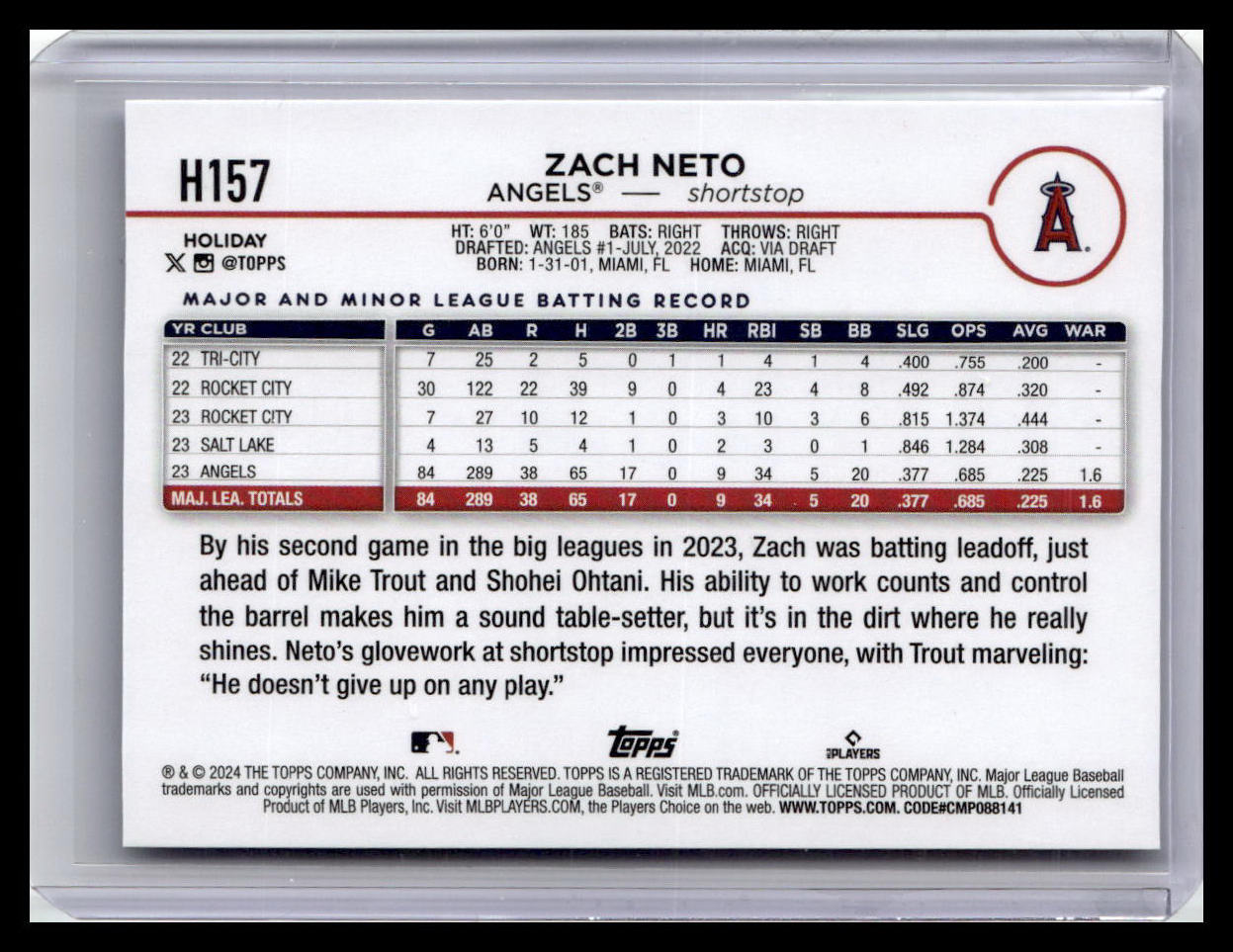 2024 Topps Holiday #H157 Zach Neto Silver Glitter
