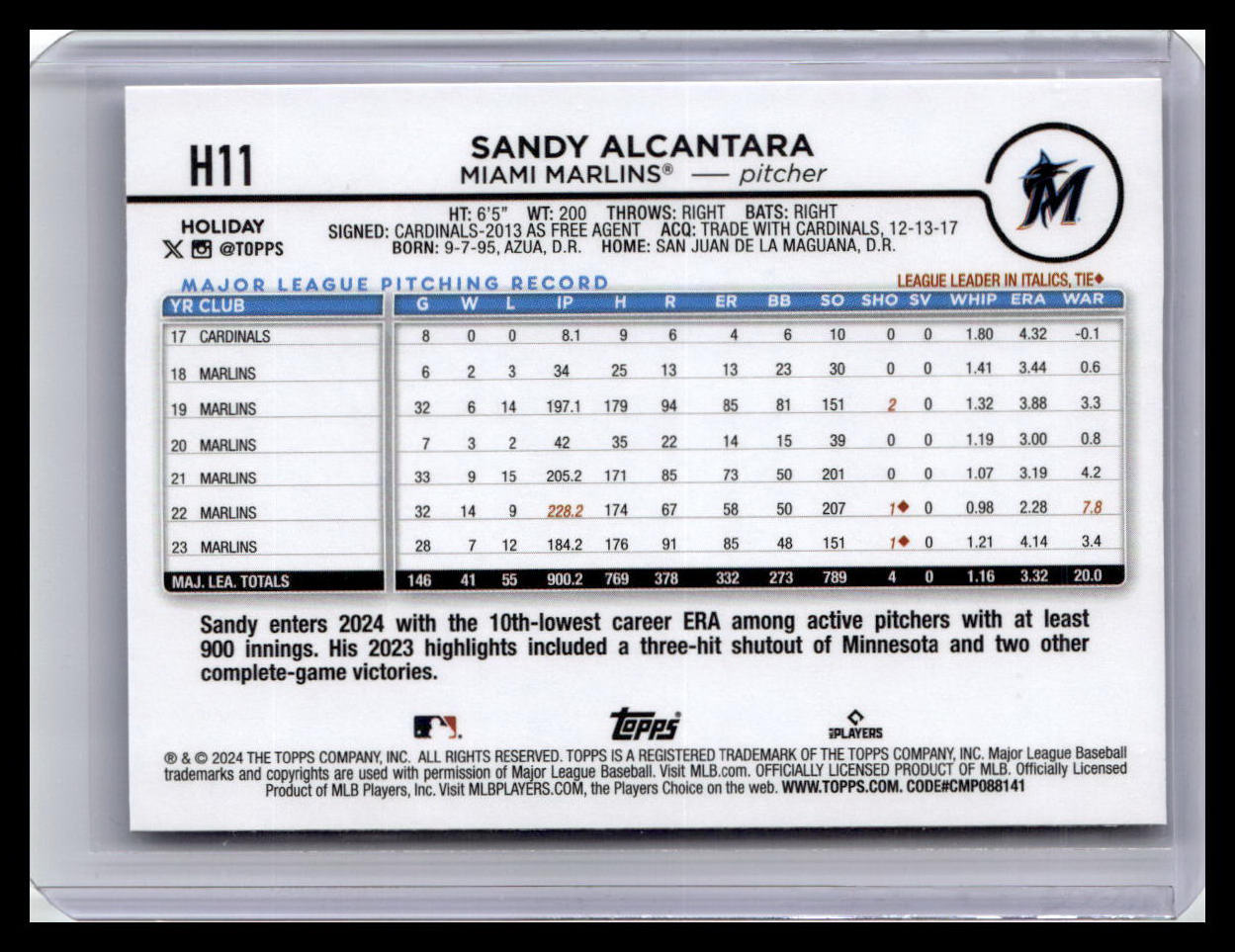 2024 Topps Holiday #H11 Sandy Alcantara
