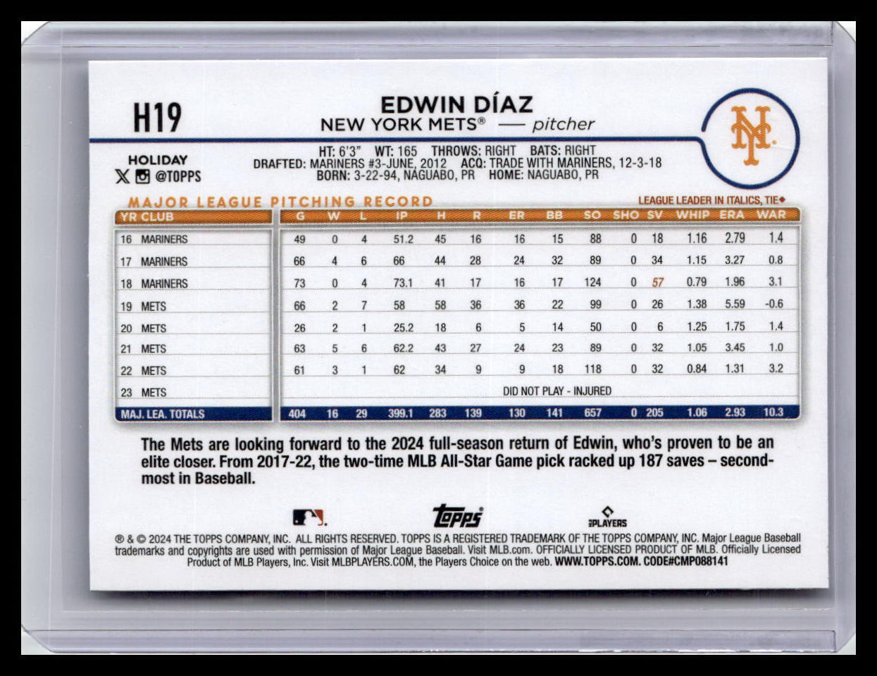 2024 Topps Holiday #H19 Edwin Díaz