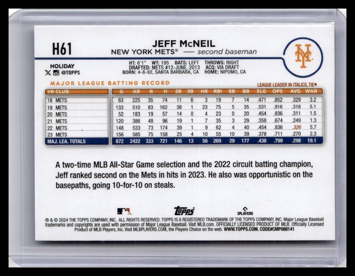 2024 Topps Holiday #H61 Jeff McNeil