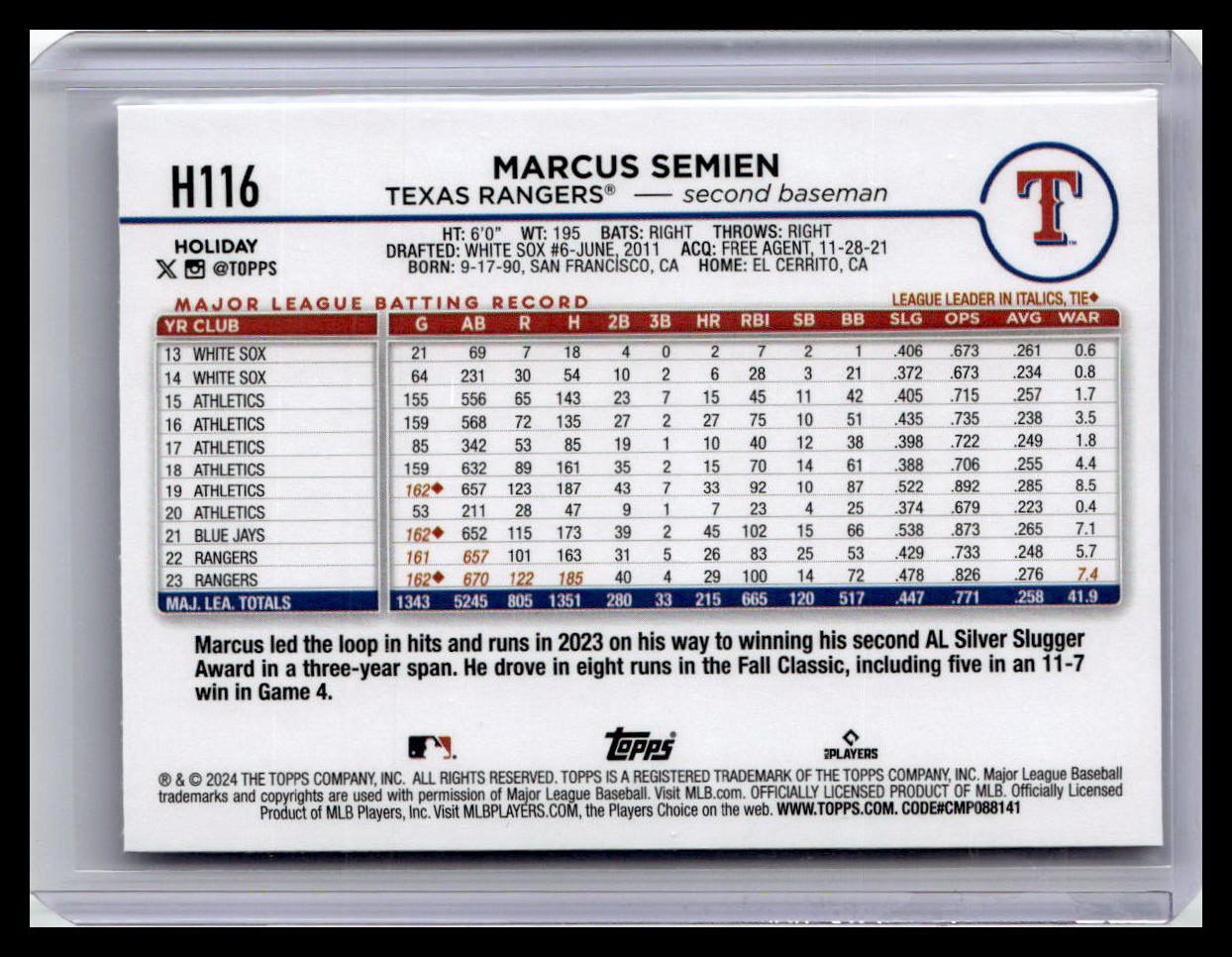 2024 Topps Holiday #H116 Marcus Semien