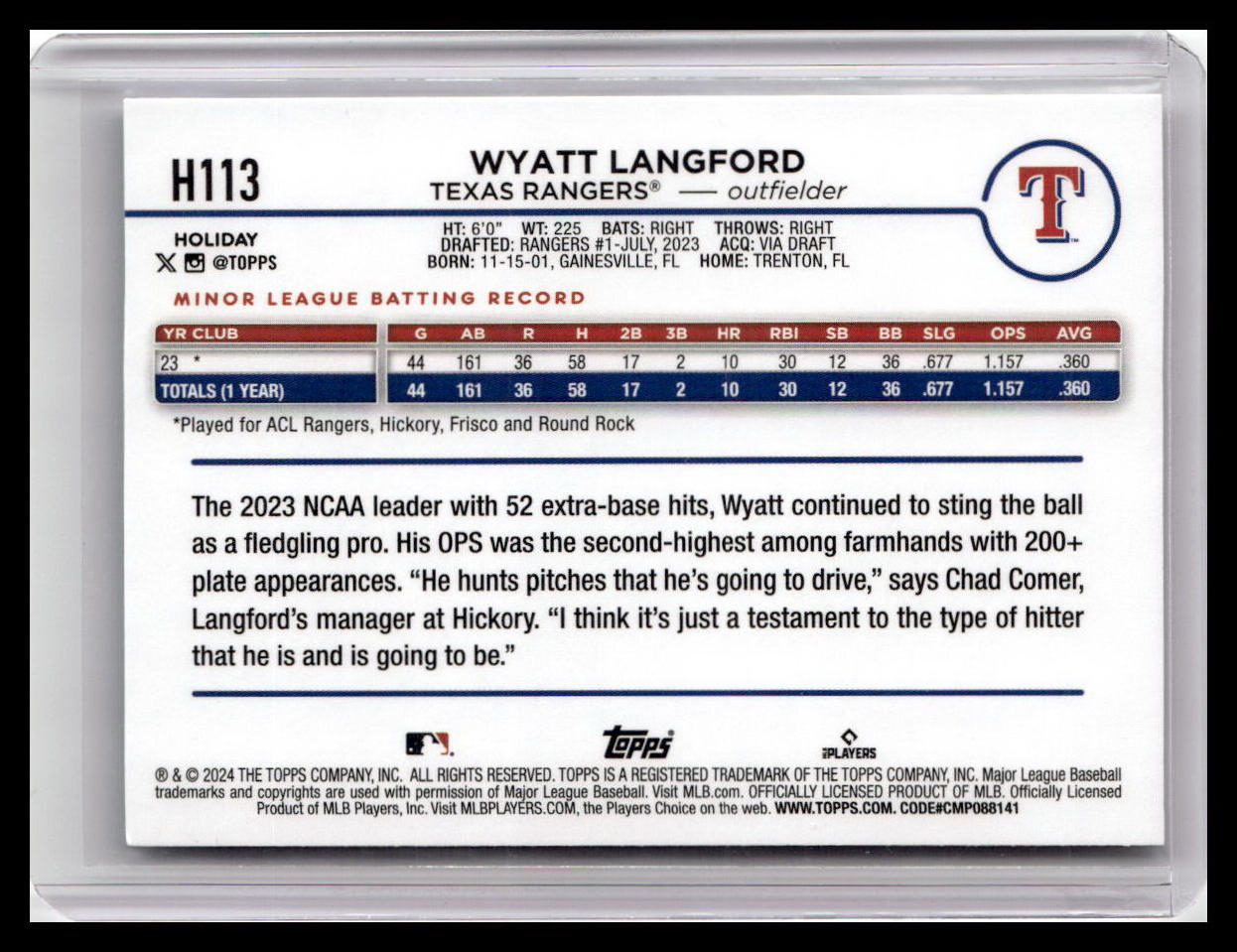 2024 Topps Holiday #H113 Wyatt Langford