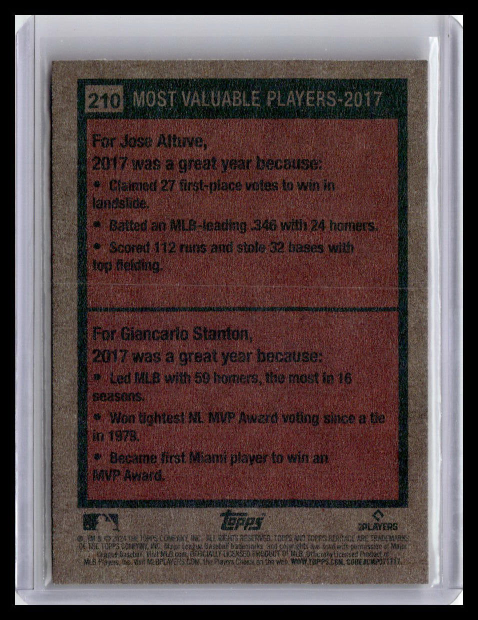 2024 Topps Heritage #210 2017 MVPs (Jose Altuve / Giancarlo Stanton)